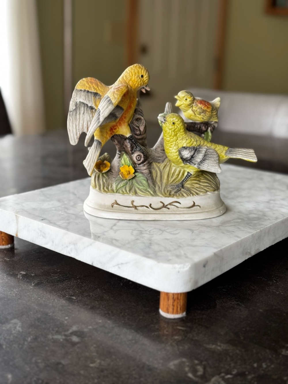Hand-Painted Yellow Ceramic Bird Figurine Trio